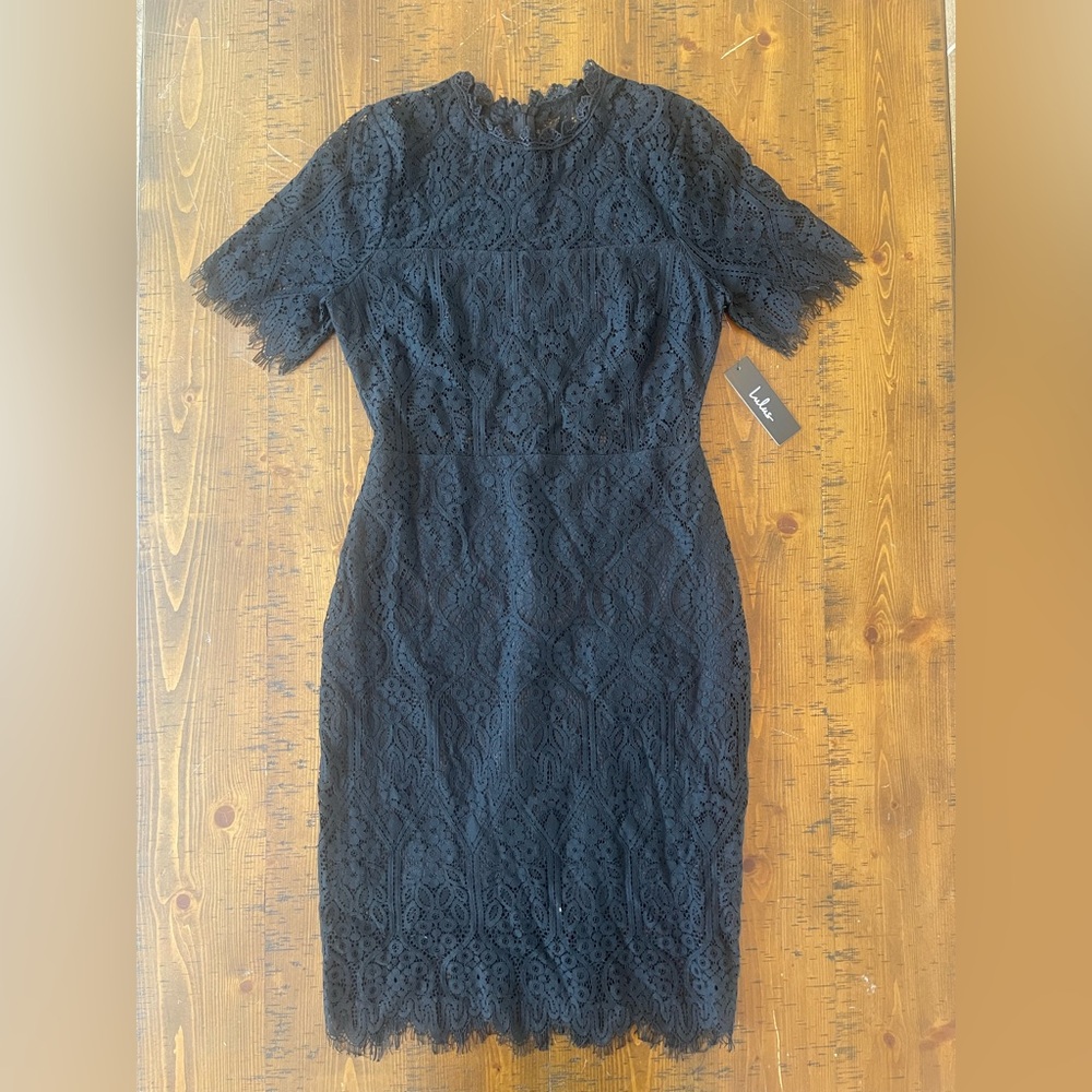 Lulu's Black Lace Dress with sheer waist and lower skirt - Picture 2 of 4